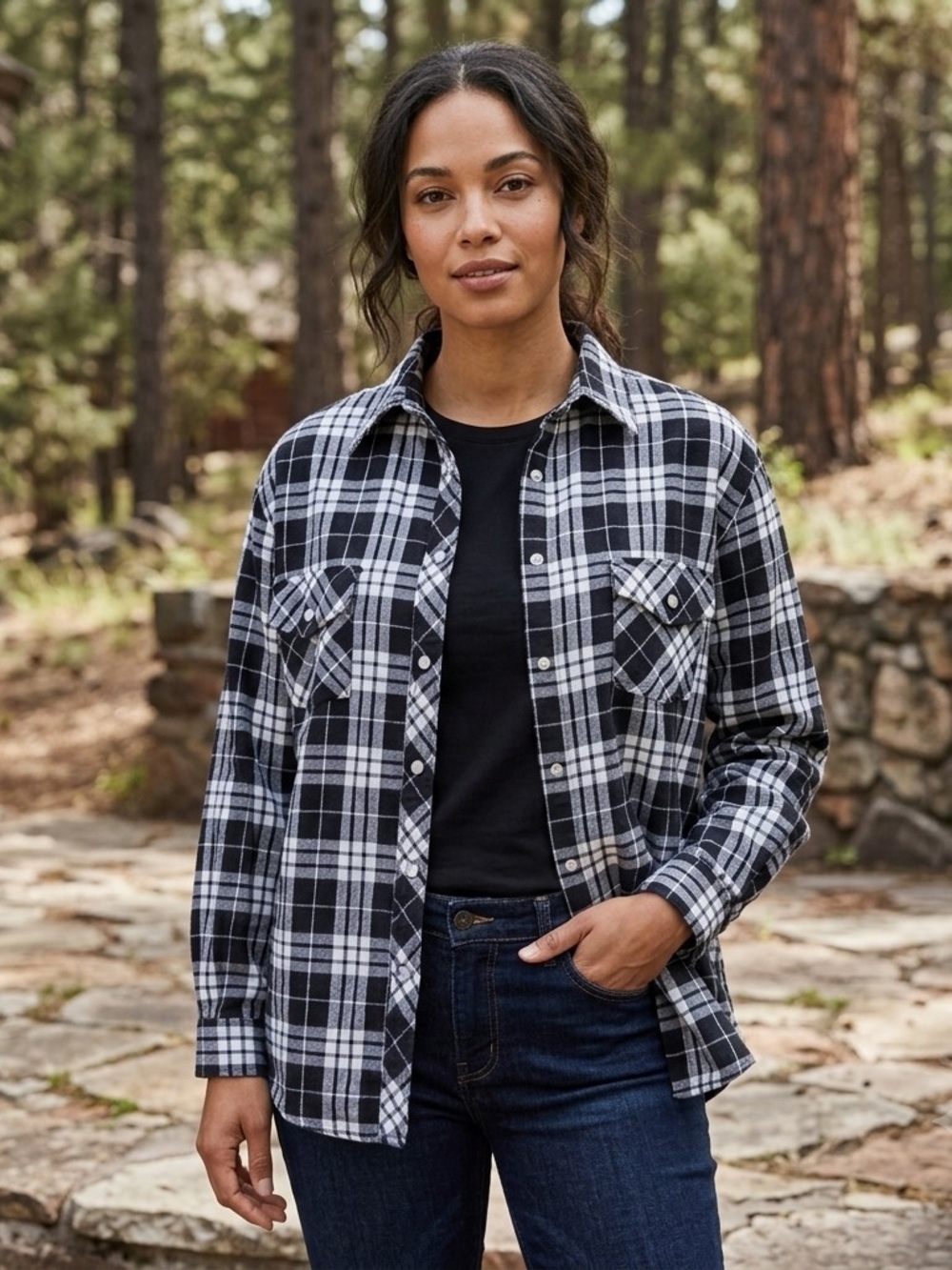 Harvest Gear Black & White Plaid Button-Down Shirt With Pearl Snap Buttons L
